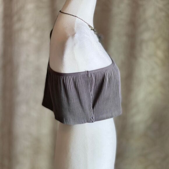 NWOT Manière de Voir One Shoulder Crop Top Gray Ribbed Long Sleeve US Size 12 - Picture 3 of 8